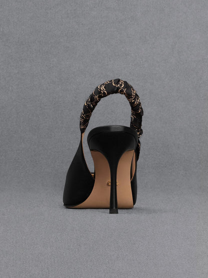 CHARLES & KEITH Everyday / Tully Leather Ruched Print Slingback Pumps - Black