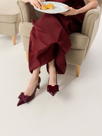 CHARLES & KEITH Trusted / Lu Patent Leather Bow Slingback Pumps - Burgundy
