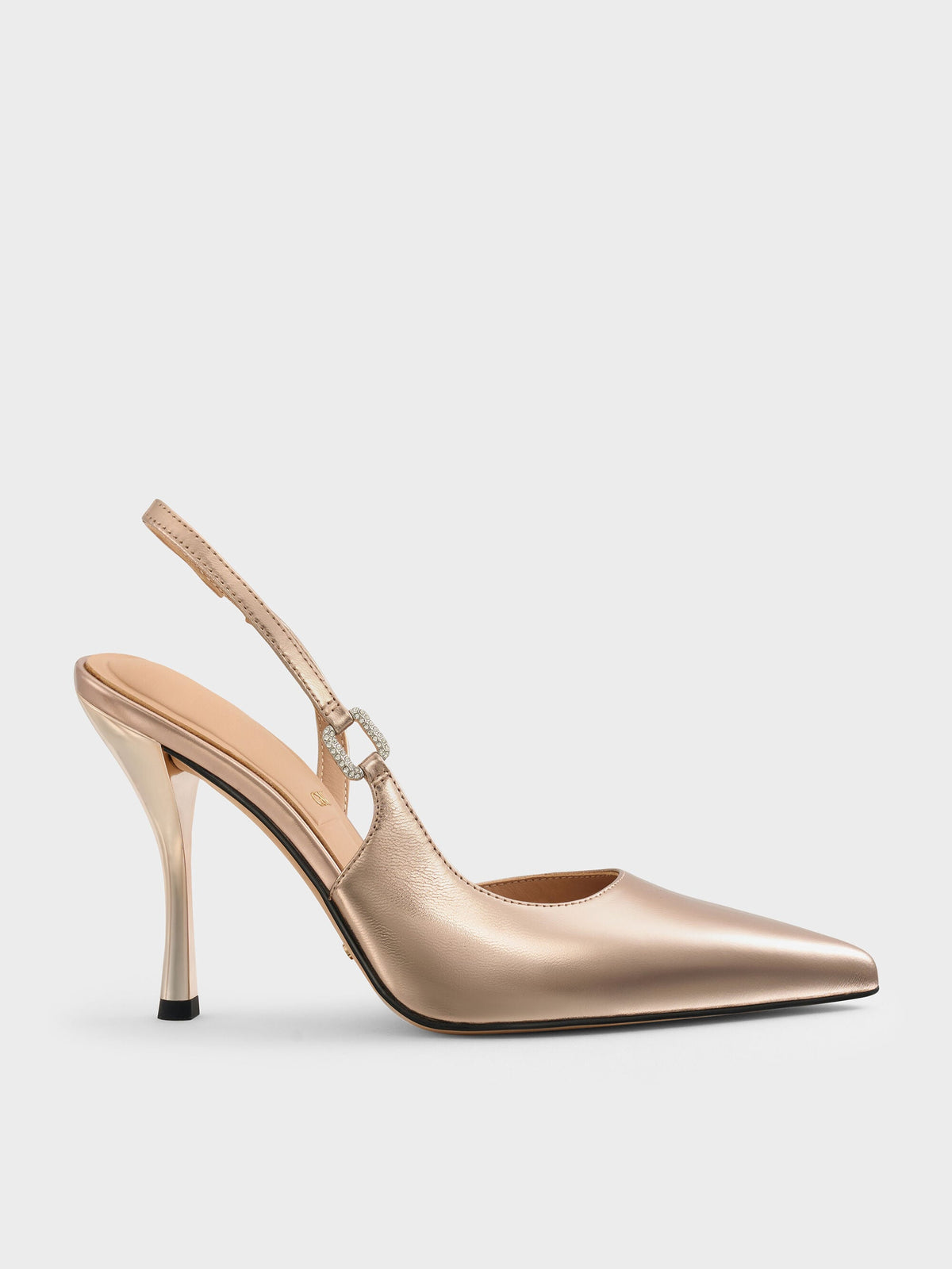 CHARLES & KEITH Smart Buy / Metallic Leather Crystal-Buckle Slingback Pumps - Bronze
