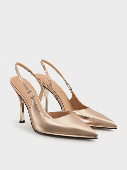 CHARLES & KEITH Smart Buy / Metallic Leather Crystal-Buckle Slingback Pumps - Bronze