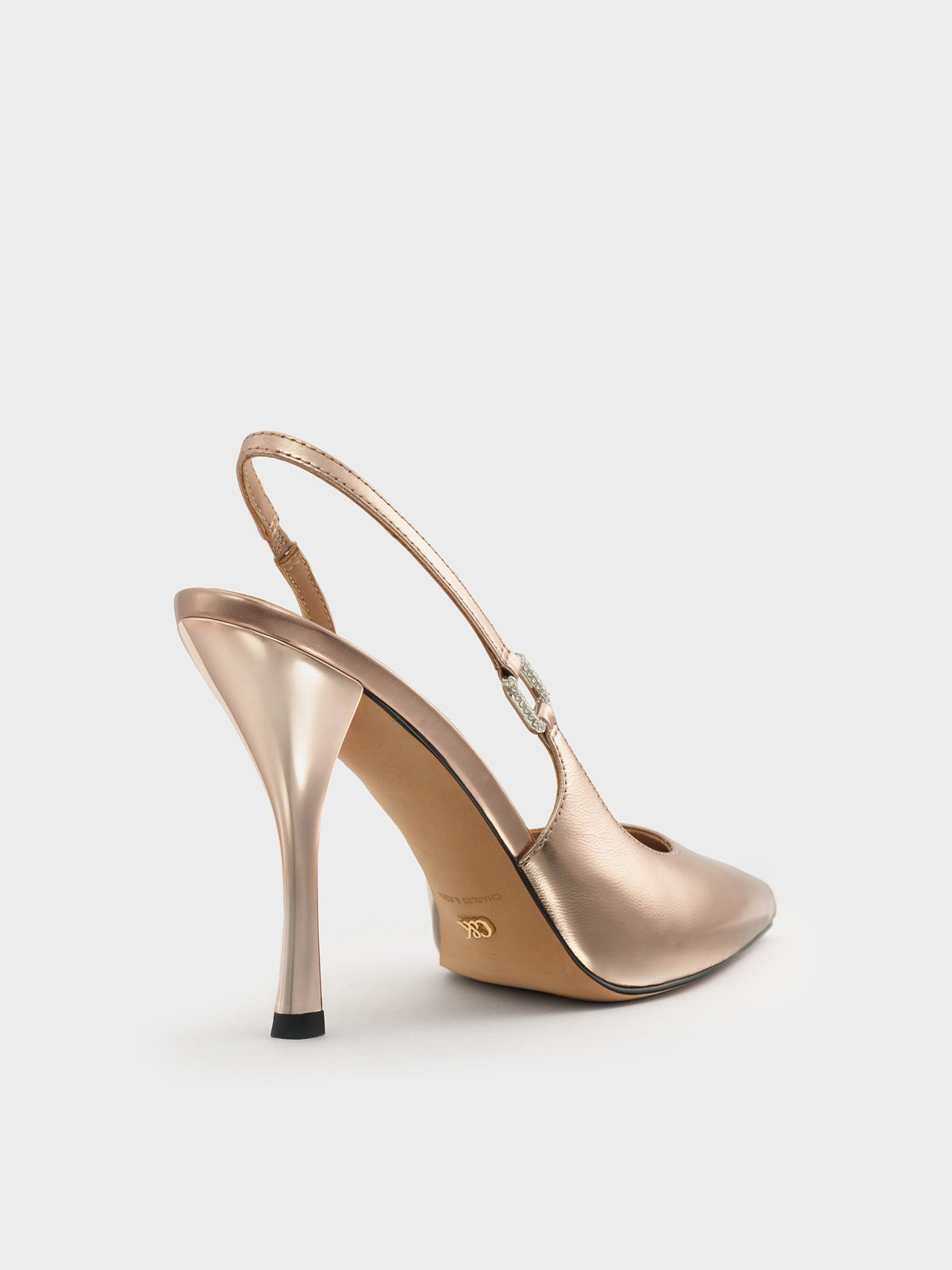 CHARLES & KEITH Smart Buy / Metallic Leather Crystal-Buckle Slingback Pumps - Bronze