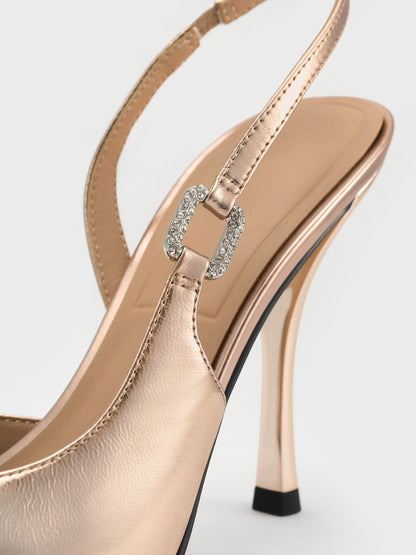 CHARLES & KEITH Smart Buy / Metallic Leather Crystal-Buckle Slingback Pumps - Bronze