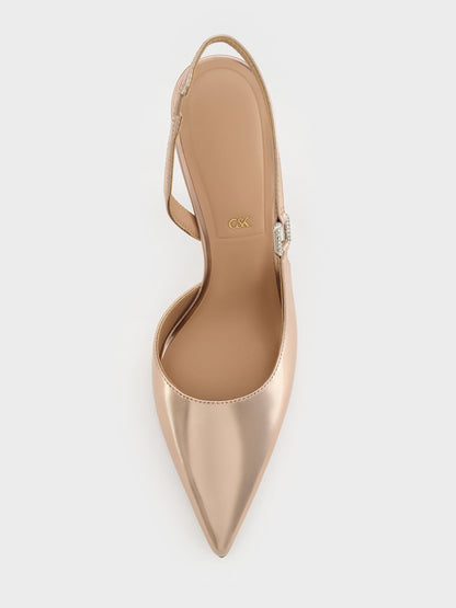 CHARLES & KEITH Smart Buy / Metallic Leather Crystal-Buckle Slingback Pumps - Bronze