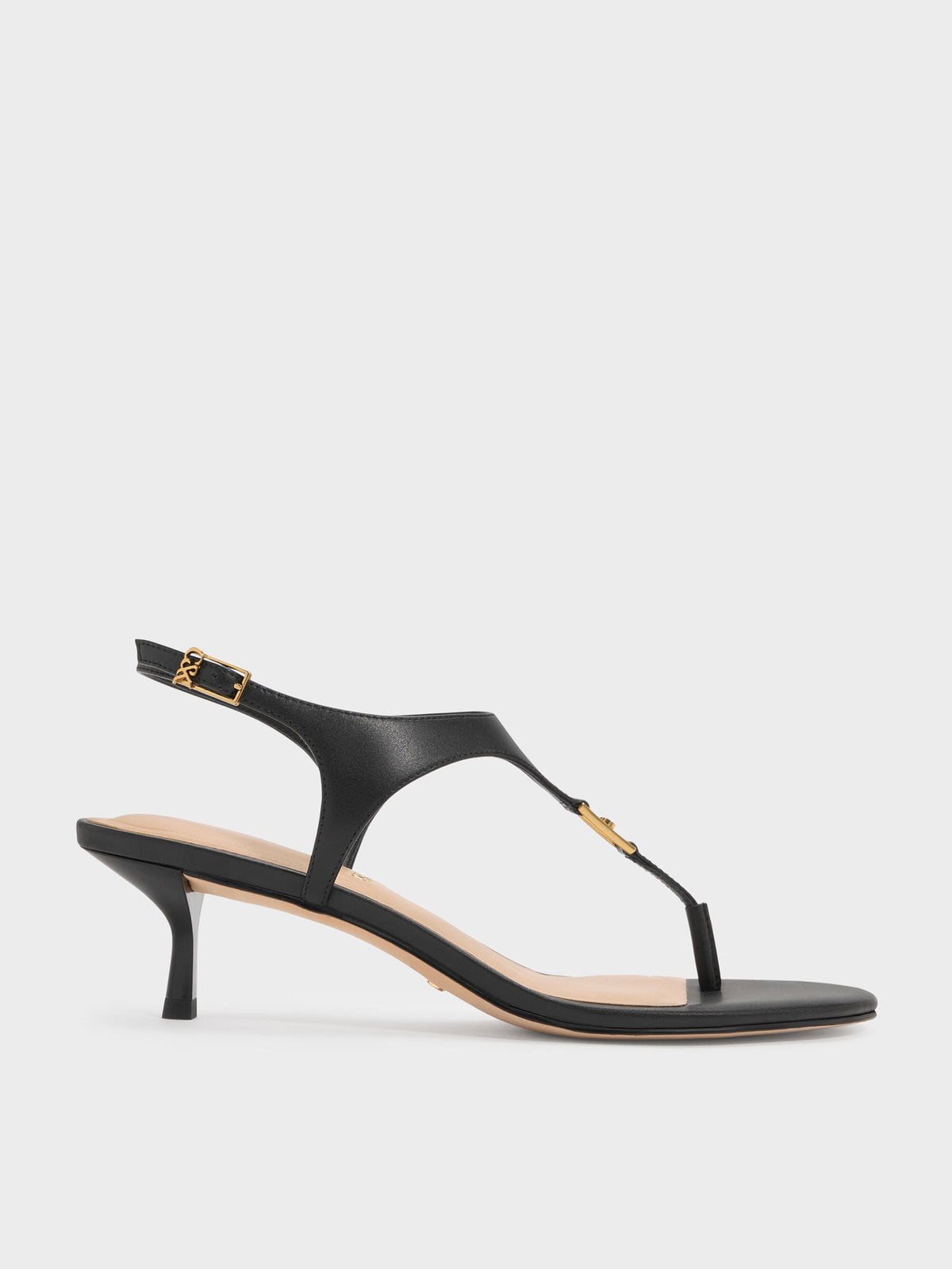 CHARLES & KEITH Premium / Leather Thong Kitten Heels - Black
