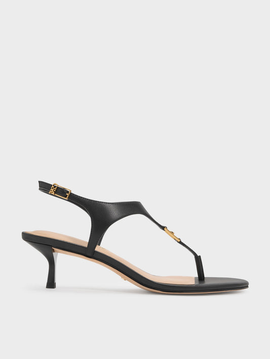 CHARLES & KEITH Premium / Leather Thong Kitten Heels - Black
