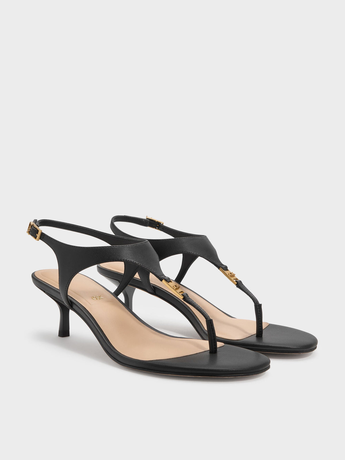 CHARLES & KEITH Premium / Leather Thong Kitten Heels - Black