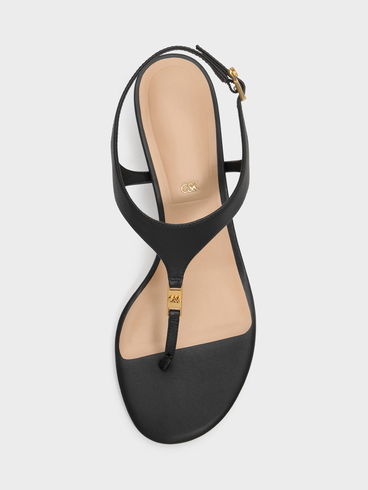 CHARLES & KEITH Premium / Leather Thong Kitten Heels - Black