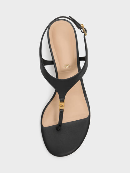CHARLES & KEITH Premium / Leather Thong Kitten Heels - Black