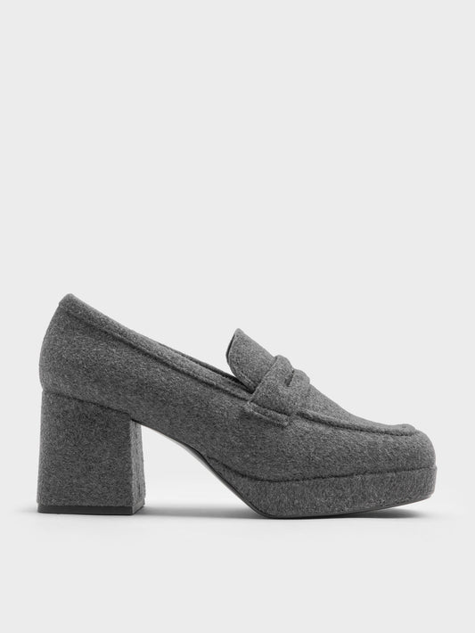 CHARLES & KEITH Special Offer / Felt Platform Penny Loafer Pumps - Grey