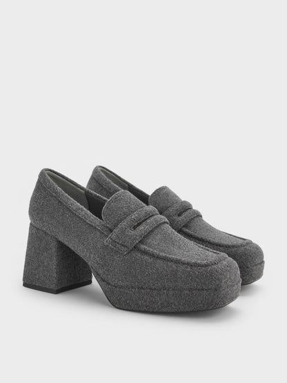 CHARLES & KEITH Special Offer / Felt Platform Penny Loafer Pumps - Grey