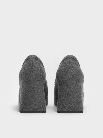 CHARLES & KEITH Special Offer / Felt Platform Penny Loafer Pumps - Grey