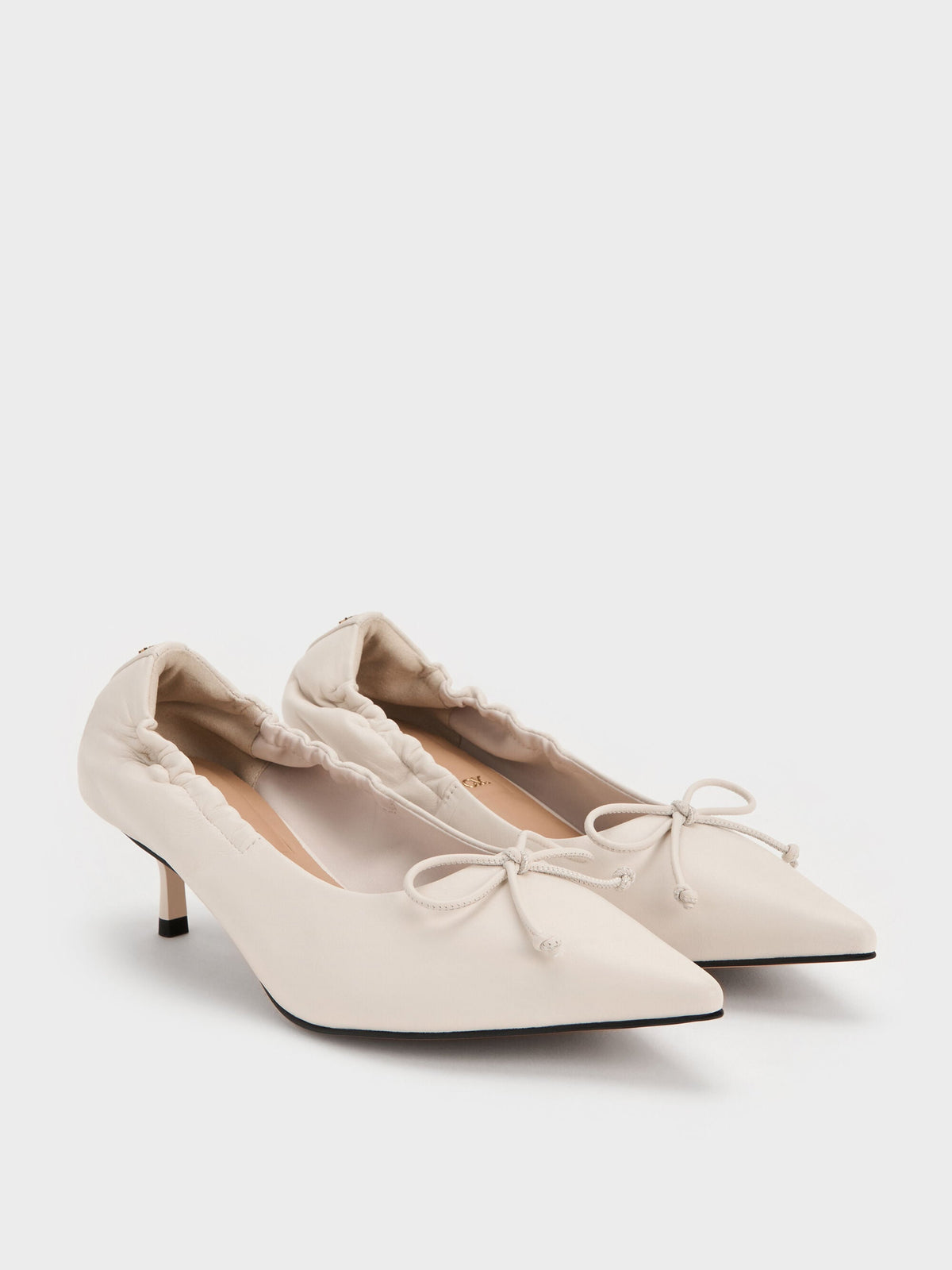 CHARLES & KEITH Popular / Leather Ruched Pointed Kitten Heels - Chalk