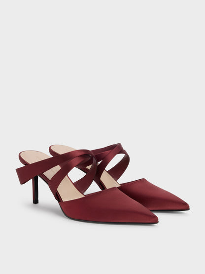 CHARLES & KEITH Great Value / Satin Pleated-Strap Heeled Mules - Red