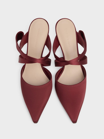 CHARLES & KEITH Great Value / Satin Pleated-Strap Heeled Mules - Red