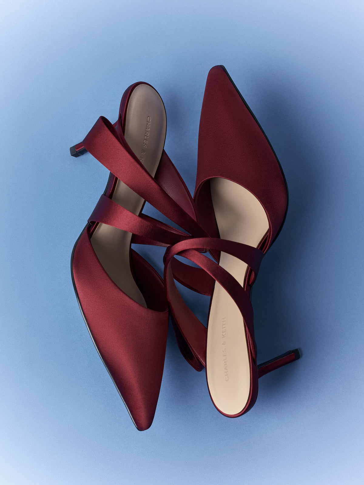 CHARLES & KEITH Great Value / Satin Pleated-Strap Heeled Mules - Red
