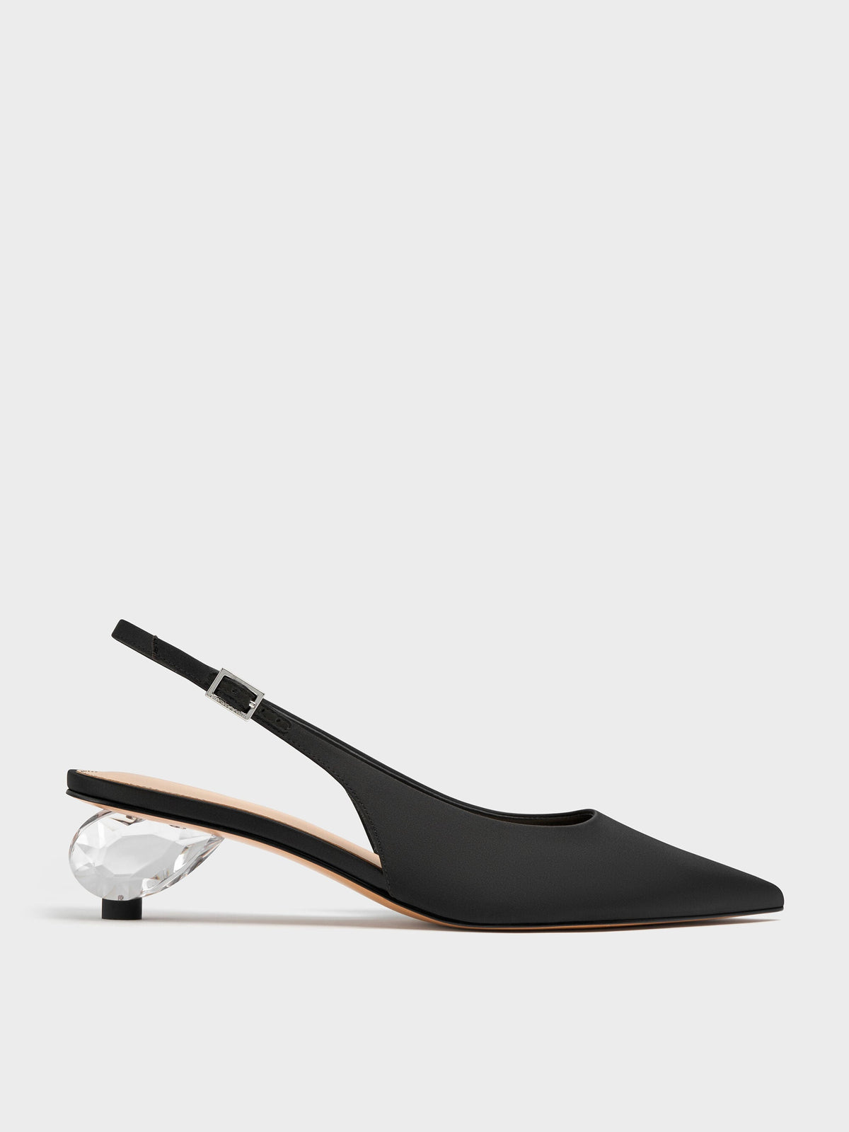 CHARLES & KEITH Best Seller / Pointed Crystal-Heel Slingback Pumps - Black Textured