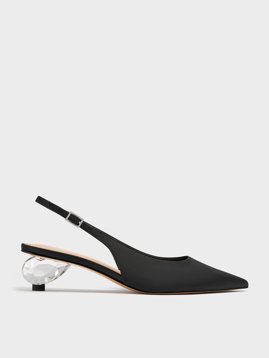 CHARLES & KEITH Best Seller / Pointed Crystal-Heel Slingback Pumps - Black Textured