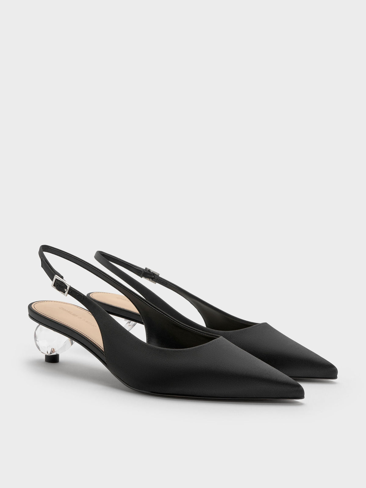CHARLES & KEITH Best Seller / Pointed Crystal-Heel Slingback Pumps - Black Textured