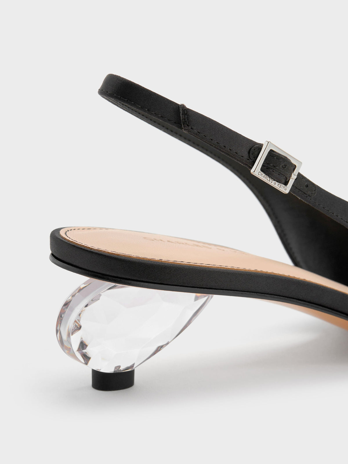 CHARLES & KEITH Best Seller / Pointed Crystal-Heel Slingback Pumps - Black Textured