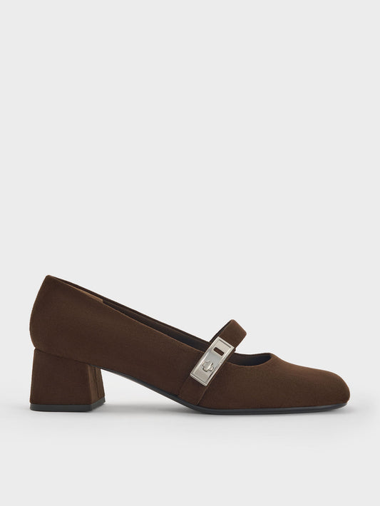 CHARLES & KEITH Quality / Lando Faux Suede Mary Jane Pumps - Dark Brown Textured