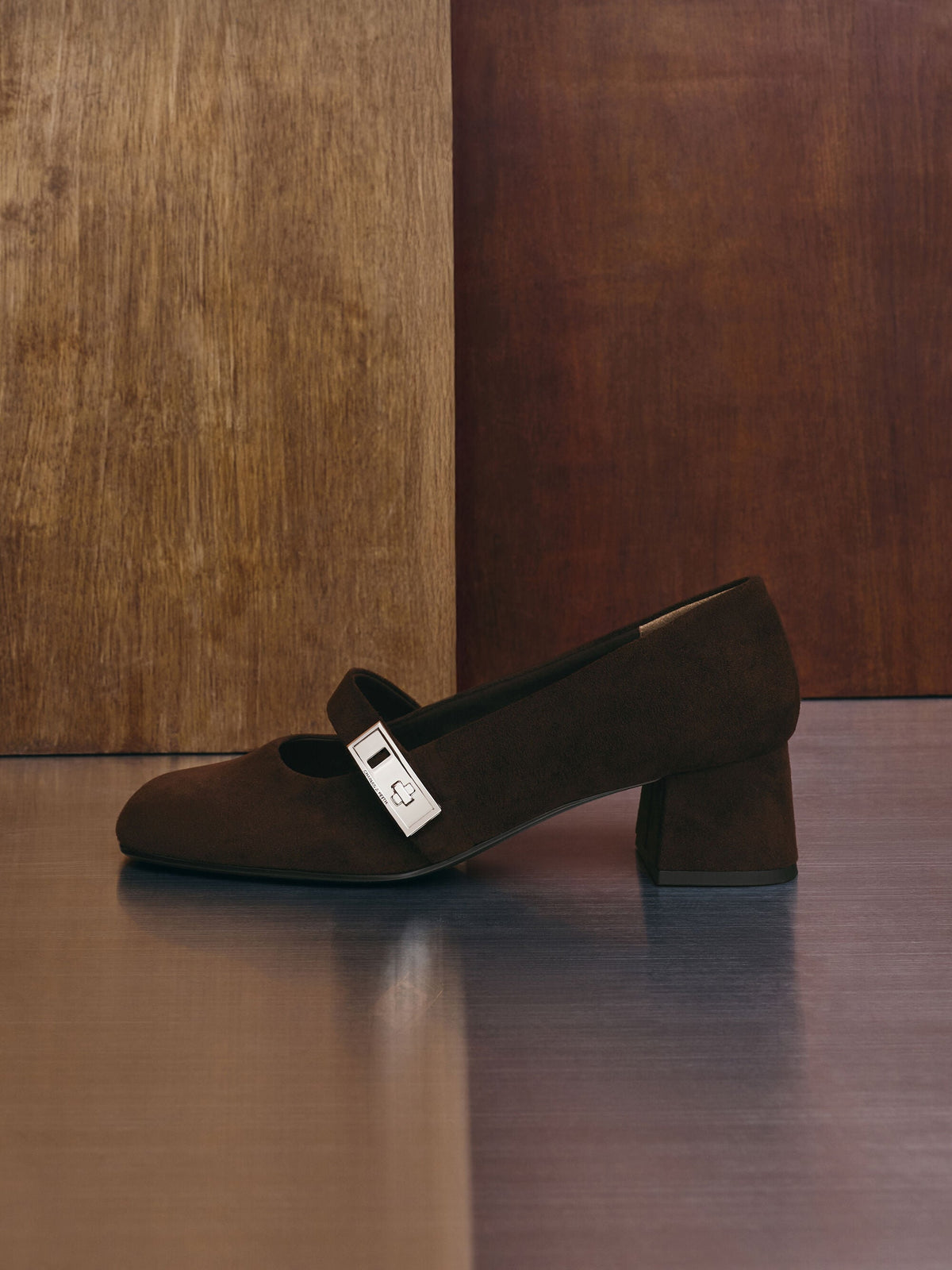 CHARLES & KEITH Quality / Lando Faux Suede Mary Jane Pumps - Dark Brown Textured