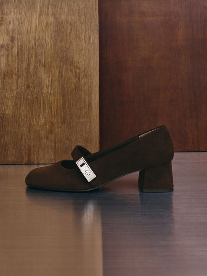 CHARLES & KEITH Quality / Lando Faux Suede Mary Jane Pumps - Dark Brown Textured