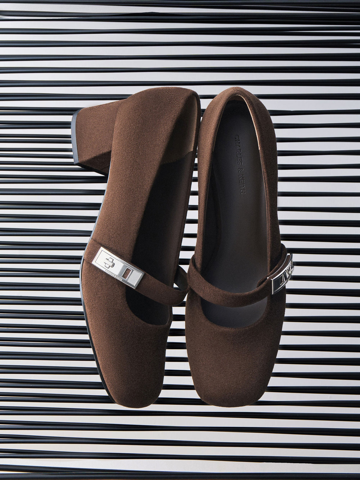 CHARLES & KEITH Quality / Lando Faux Suede Mary Jane Pumps - Dark Brown Textured