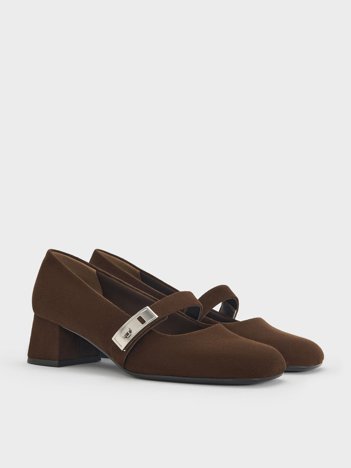 CHARLES & KEITH Quality / Lando Faux Suede Mary Jane Pumps - Dark Brown Textured