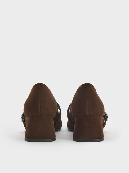 CHARLES & KEITH Quality / Lando Faux Suede Mary Jane Pumps - Dark Brown Textured
