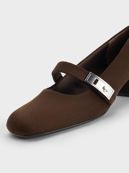 CHARLES & KEITH Quality / Lando Faux Suede Mary Jane Pumps - Dark Brown Textured