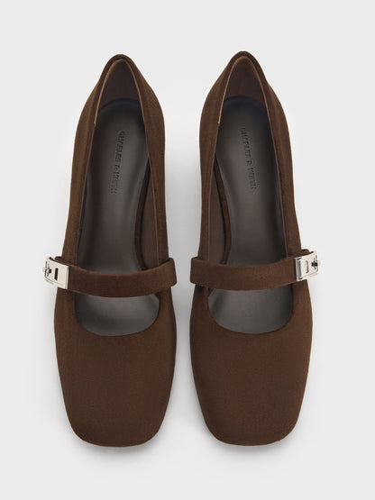 CHARLES & KEITH Quality / Lando Faux Suede Mary Jane Pumps - Dark Brown Textured