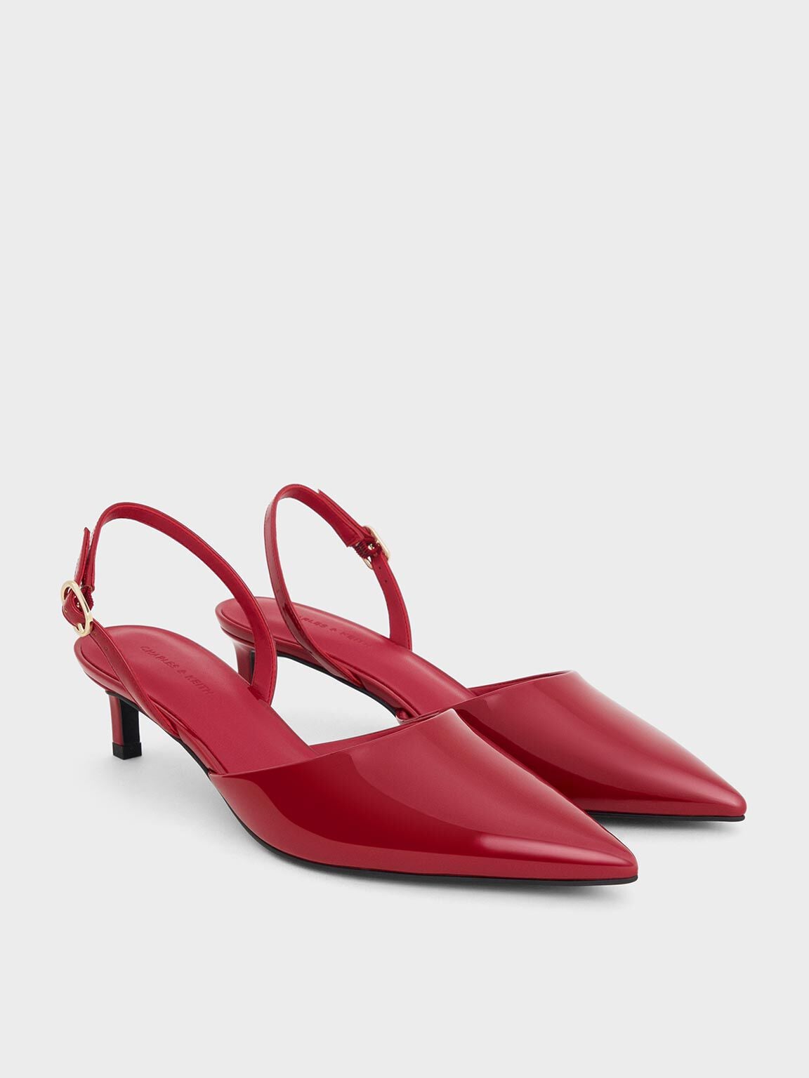CHARLES & KEITH Premium / Patent Pointed Slingback Kitten Heels - Red