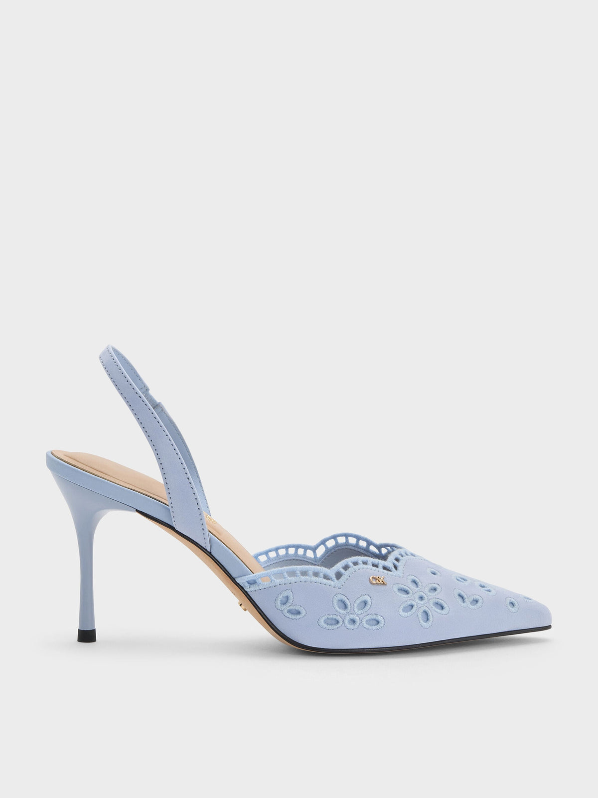 CHARLES & KEITH Latest / Leather Embroidered Pointed Slingback Pumps - Light Blue