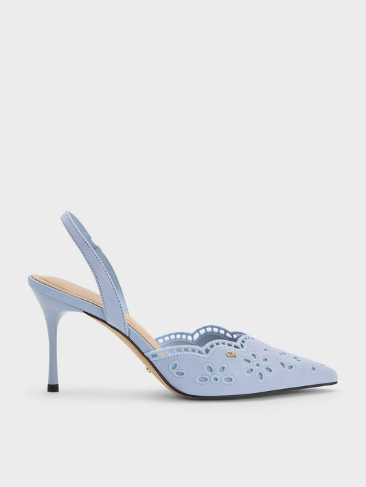 CHARLES & KEITH Latest / Leather Embroidered Pointed Slingback Pumps - Light Blue