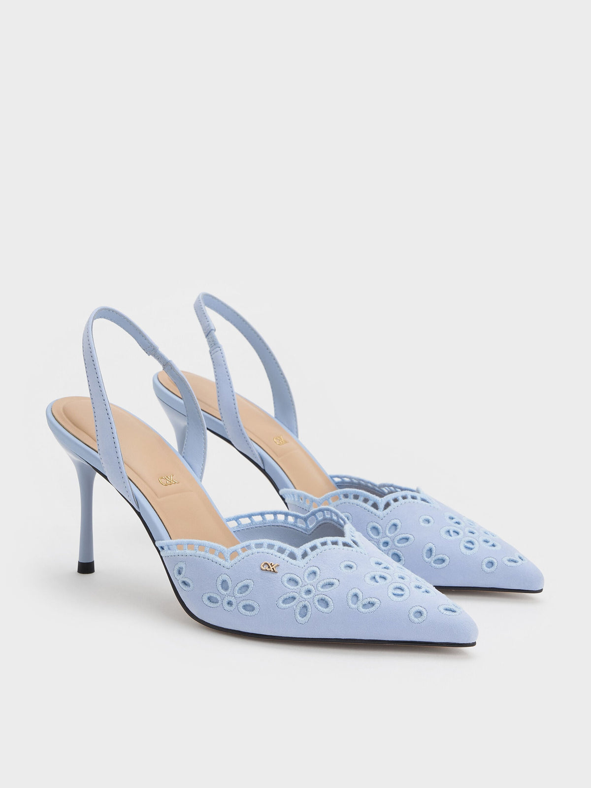 CHARLES & KEITH Latest / Leather Embroidered Pointed Slingback Pumps - Light Blue