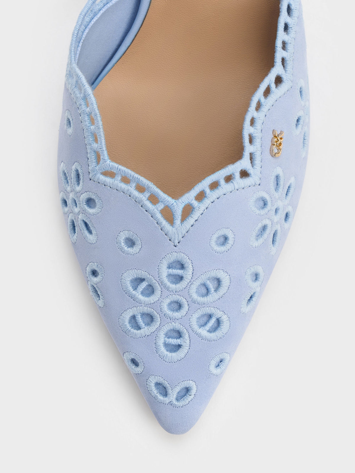 CHARLES & KEITH Latest / Leather Embroidered Pointed Slingback Pumps - Light Blue