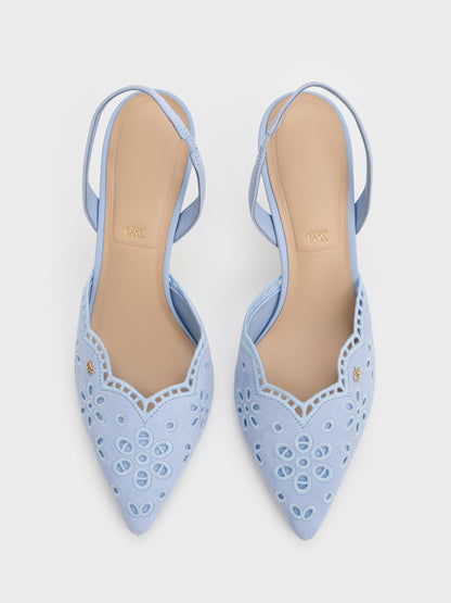 CHARLES & KEITH Latest / Leather Embroidered Pointed Slingback Pumps - Light Blue