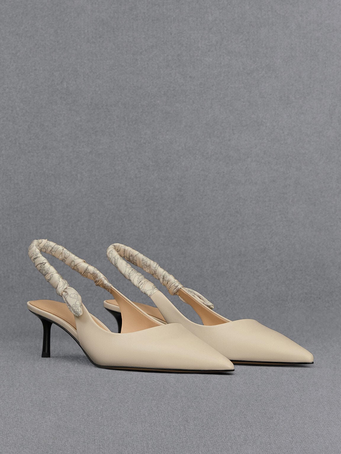 CHARLES & KEITH Featured / Tully Leather Ruched-Strap Slingback Pumps - Chalk