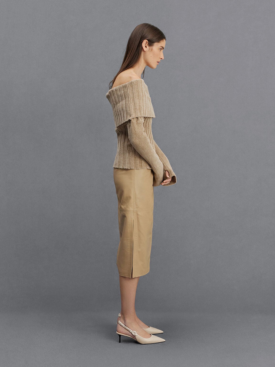 CHARLES & KEITH Featured / Tully Leather Ruched-Strap Slingback Pumps - Chalk