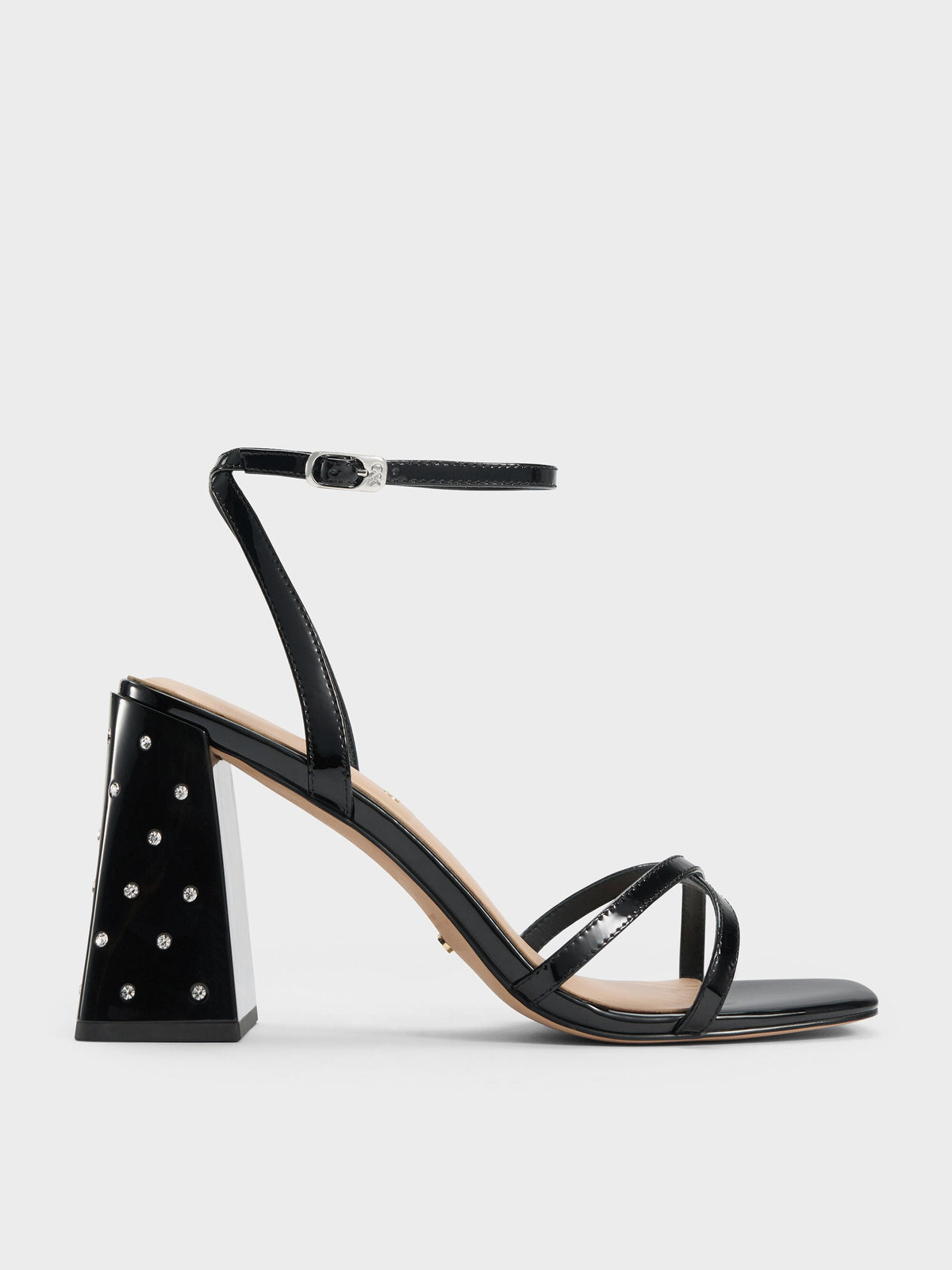 CHARLES & KEITH Recommended / Emmaline Patent Leather Crystal Crossover Sandals - Black Patent