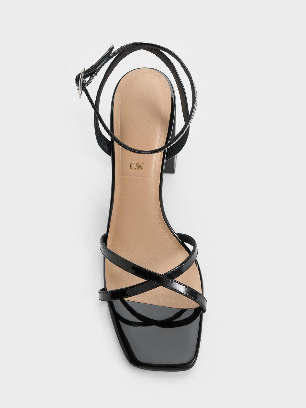 CHARLES & KEITH Recommended / Emmaline Patent Leather Crystal Crossover Sandals - Black Patent