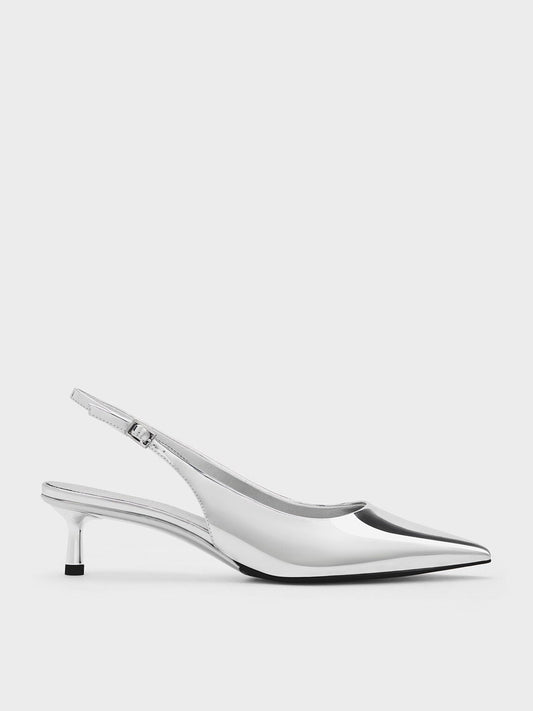 CHARLES & KEITH Latest / Curtis Metallic Slingback Kitten Heels - Silver