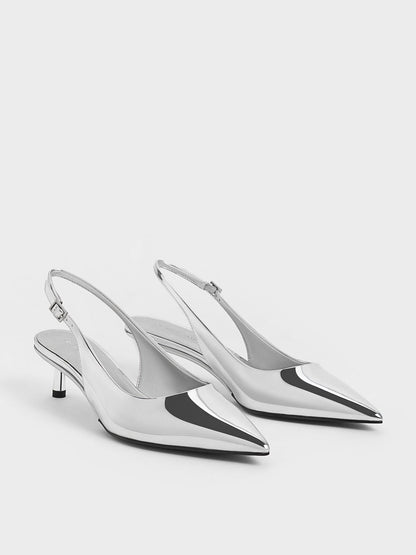 CHARLES & KEITH Latest / Curtis Metallic Slingback Kitten Heels - Silver