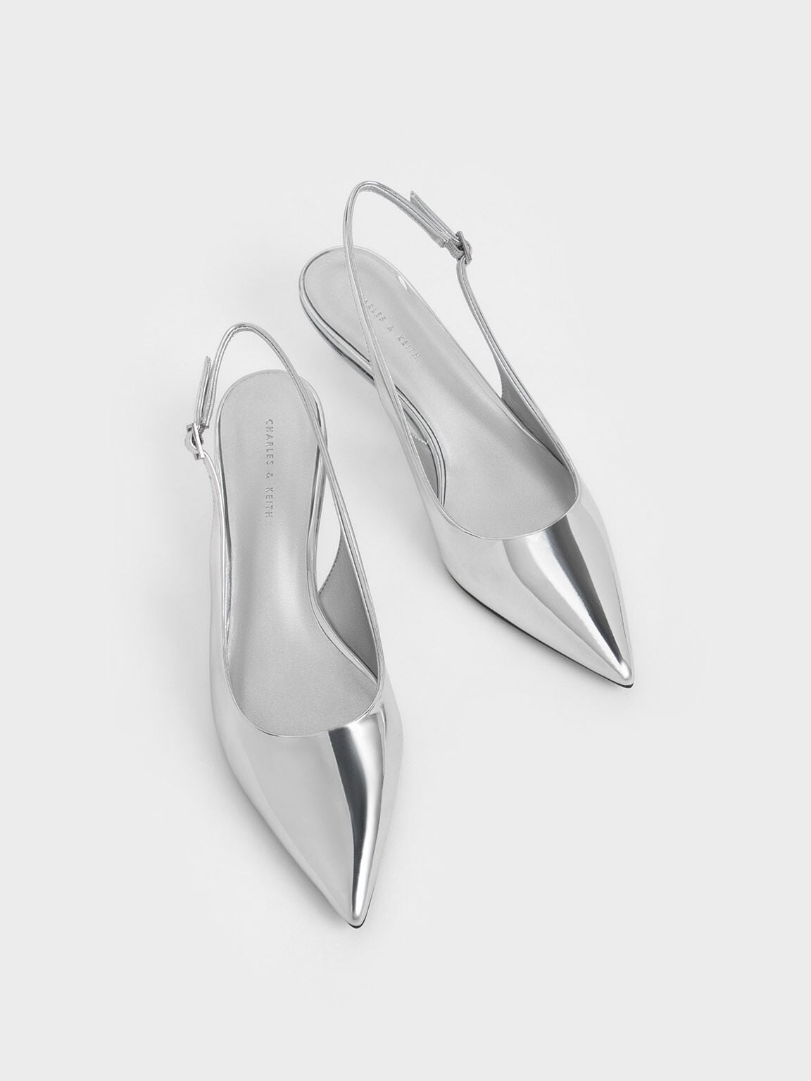 CHARLES & KEITH Latest / Curtis Metallic Slingback Kitten Heels - Silver