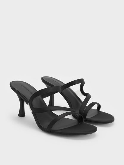 CHARLES & KEITH Top Pick / Arden Satin Wavy Heeled Mules - Black Textured