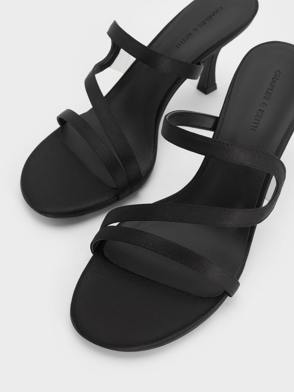 CHARLES & KEITH Top Pick / Arden Satin Wavy Heeled Mules - Black Textured