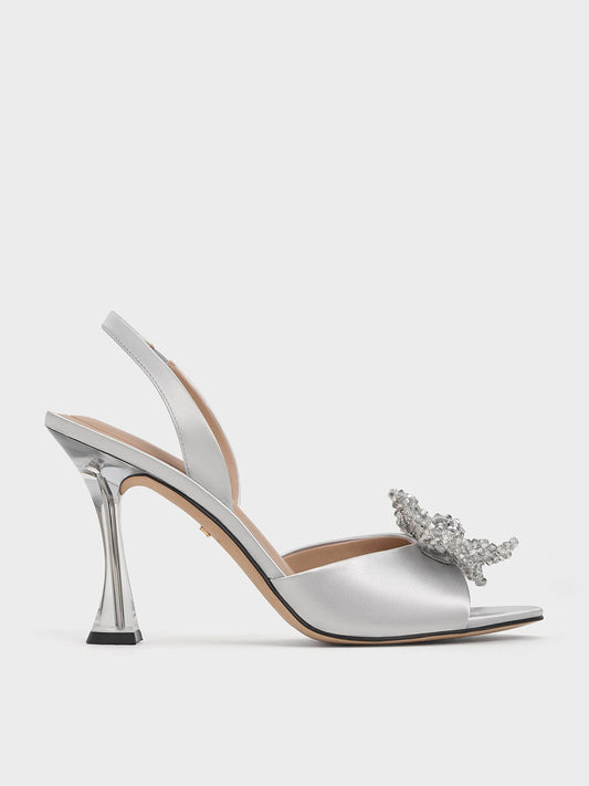 CHARLES & KEITH Signature / Beaded Bow Slingback Pumps - Silver