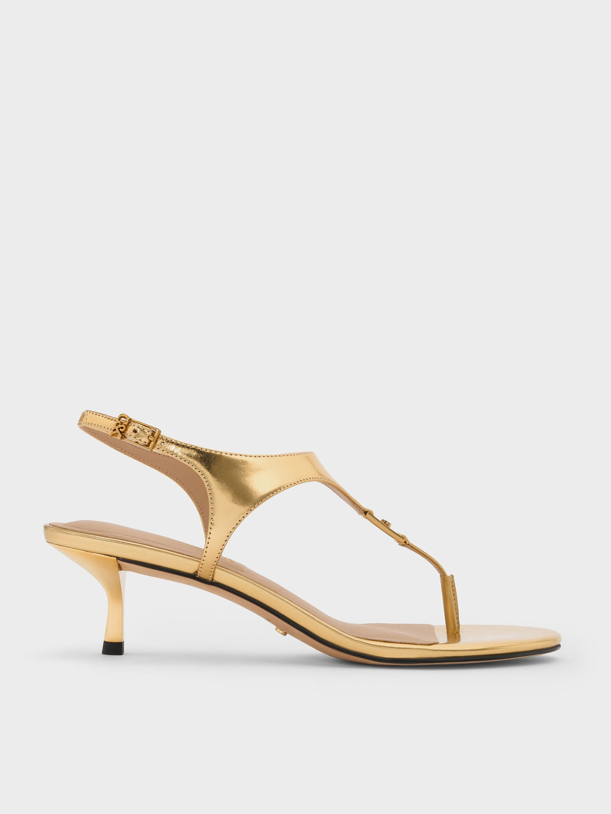CHARLES & KEITH Trending / Metallic Leather Thong Kitten Heels - Gold