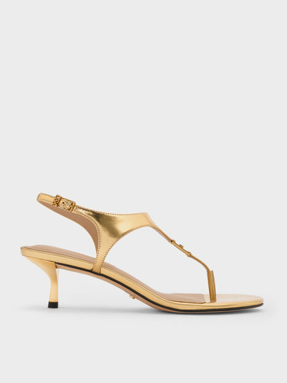 CHARLES & KEITH Trending / Metallic Leather Thong Kitten Heels - Gold