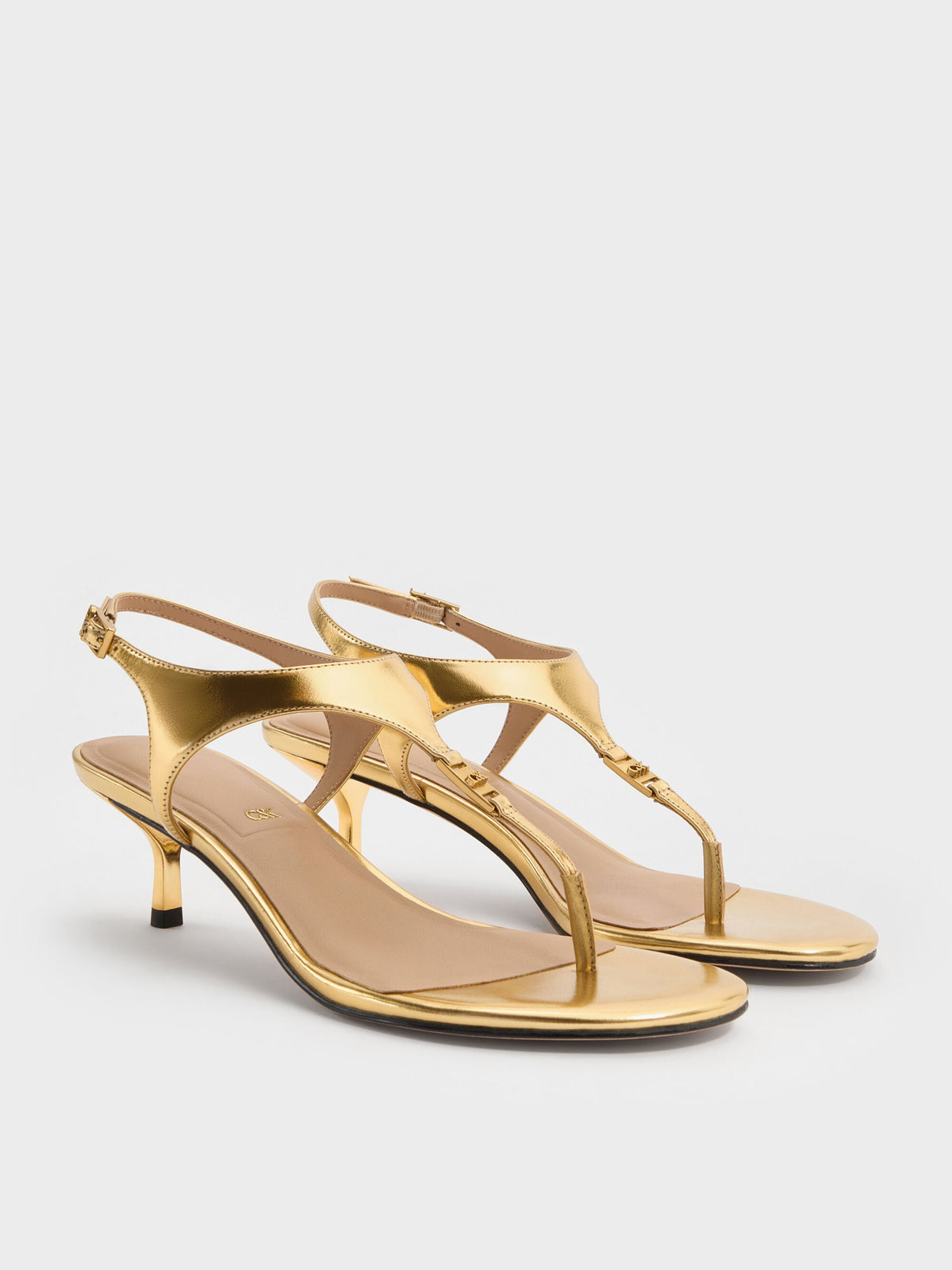 CHARLES & KEITH Trending / Metallic Leather Thong Kitten Heels - Gold